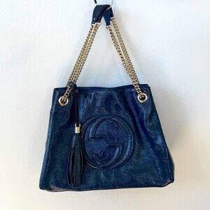 GUCCI Navy blue patent leather SOHO double chain GG tote bag large Rare
